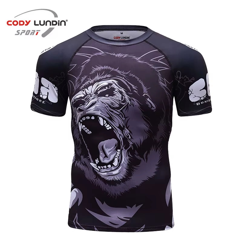 MMA BBJ Rashguard T Shirts Men Short Sleeve Compression Shirt Muay Thai Monkey GI Kickboxing Shirts Sport Breathable Boxe Tops