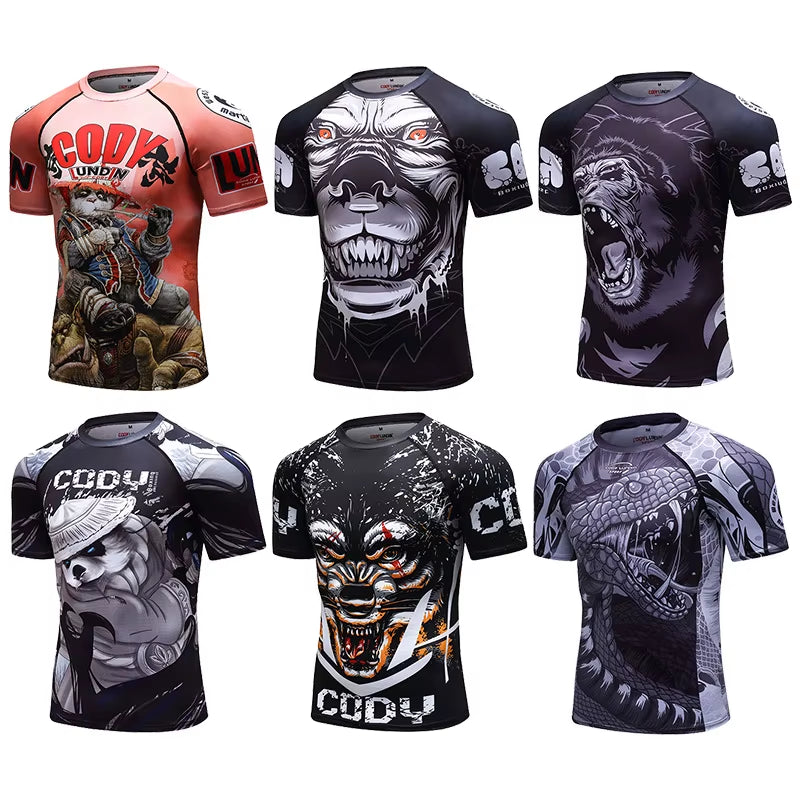 MMA BBJ Rashguard T Shirts Men Short Sleeve Compression Shirt Muay Thai Monkey GI Kickboxing Shirts Sport Breathable Boxe Tops