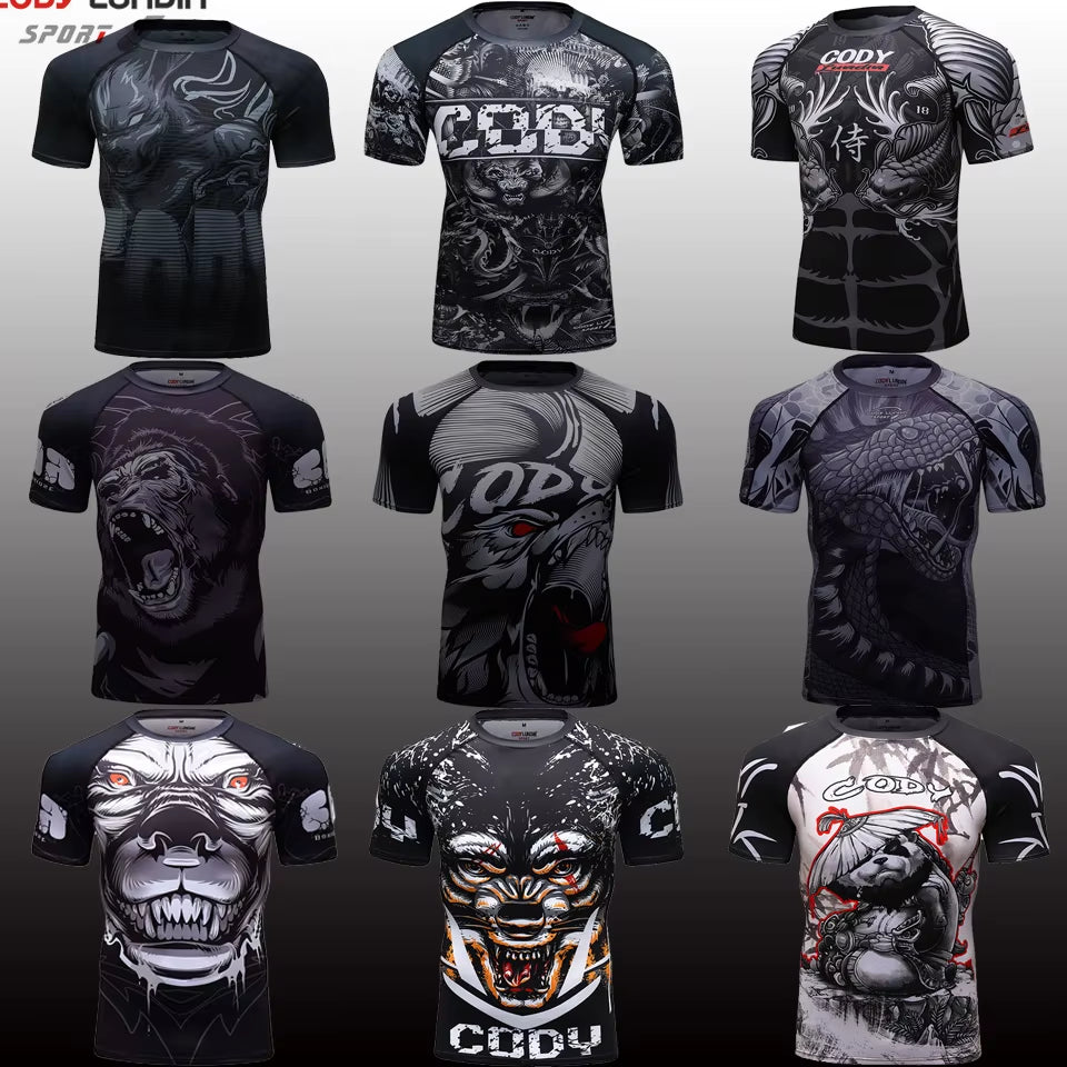 MMA BBJ Rashguard T Shirts Men Short Sleeve Compression Shirt Muay Thai Monkey GI Kickboxing Shirts Sport Breathable Boxe Tops